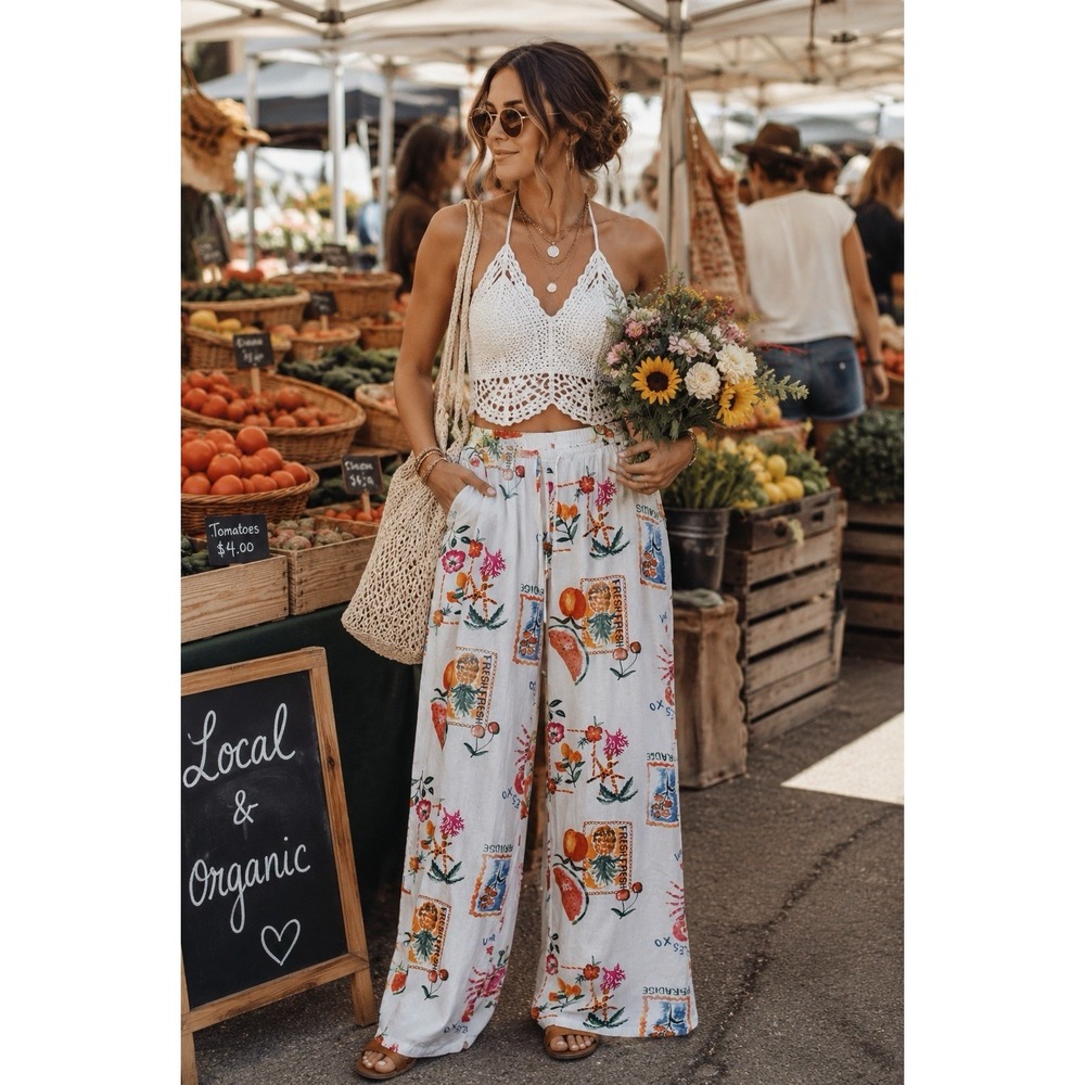 Cali 1850 Linen Blend Tropical Fruit Printed Wide Leg Pants XL Boho Chic Novelty